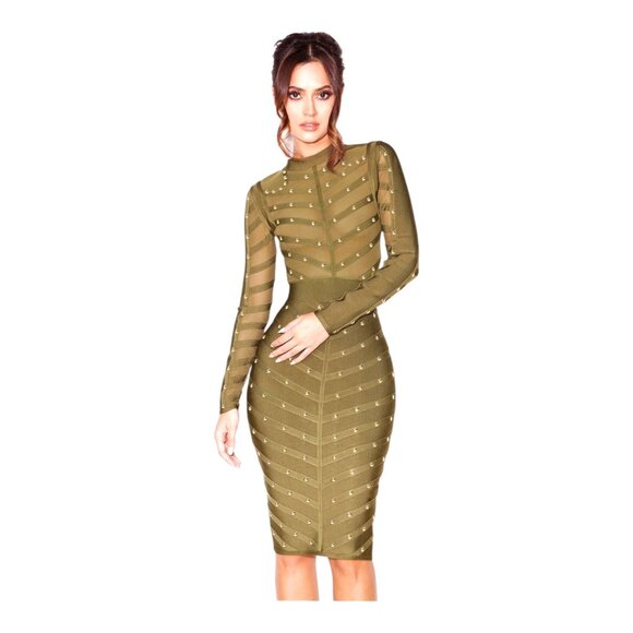 Studded Mesh Bandage Sexy Metallic Green Bodycon Mini Dress - Picture 1 of 10